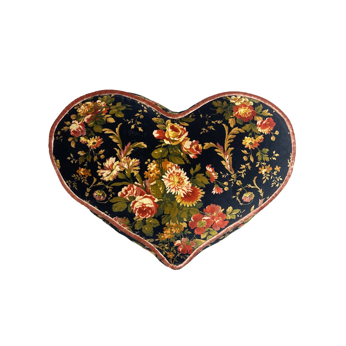 Heart Pillow – Floral on Midnight Blue -pink trim