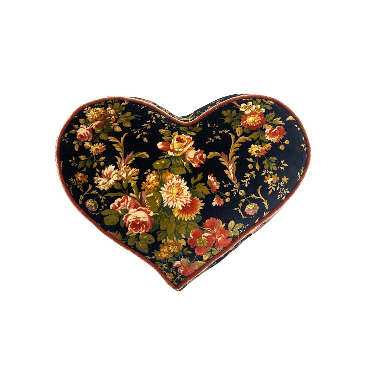 Heart Pillow – Floral on Midnight Blue -pink trim