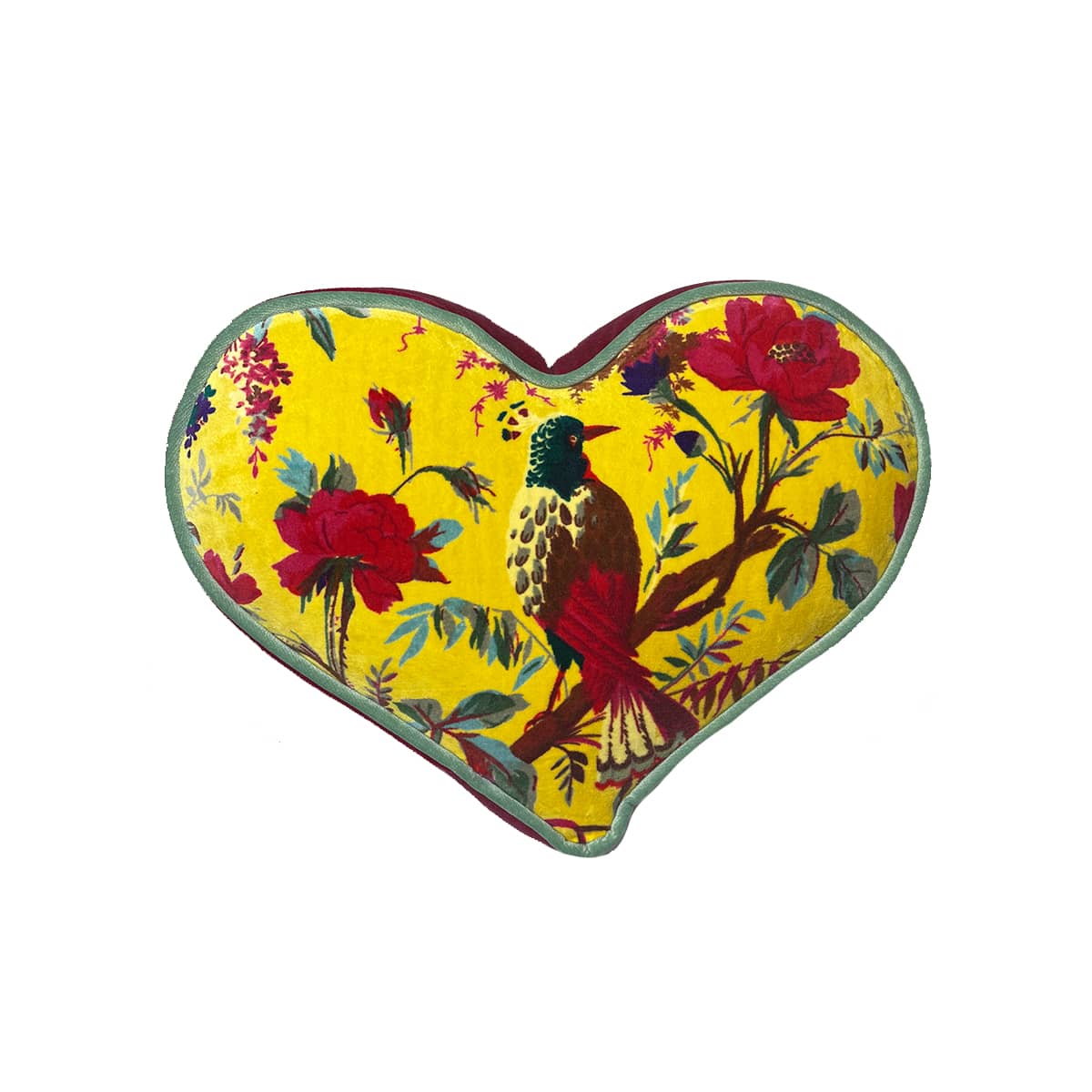 Heart Pillow -Bird Motif on Lemon Yellow