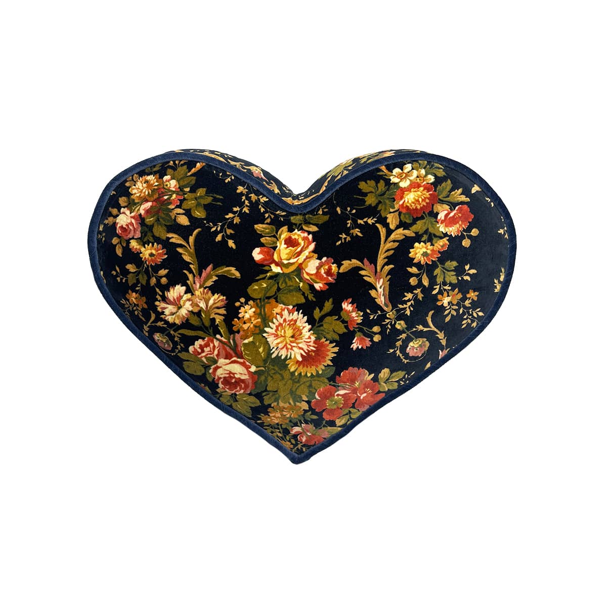 Heart Pillow – Floral on Midnight Blue- blue trim